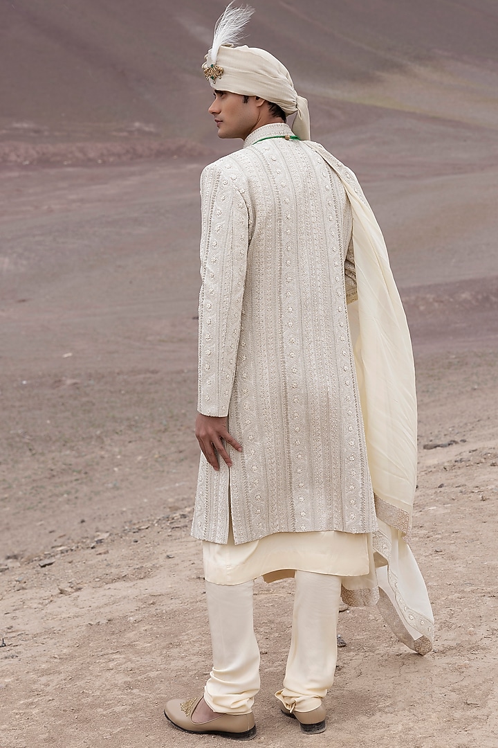 Light Gold Raw Silk Hand Embroidered Groom Sherwani Set by AMIT ARORA at Pernia's Pop Up Shop