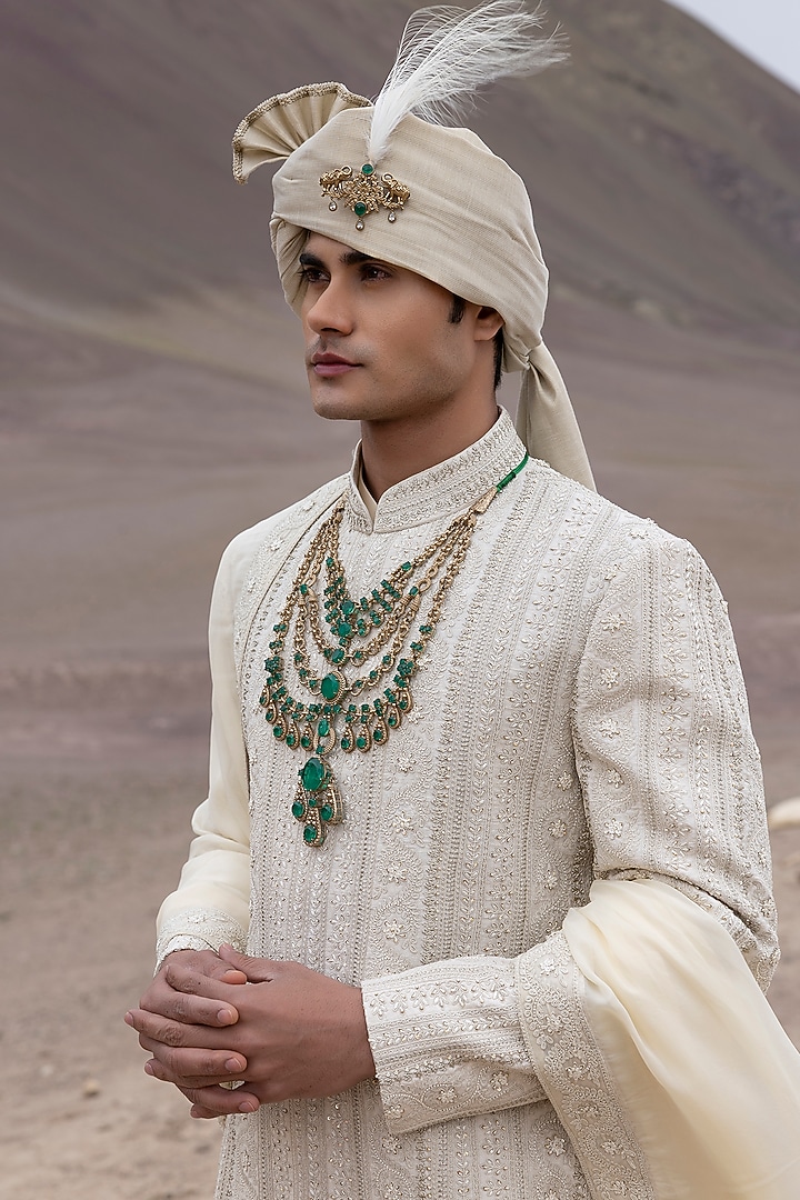 Light Gold Raw Silk Hand Embroidered Groom Sherwani Set by AMIT ARORA at Pernia's Pop Up Shop