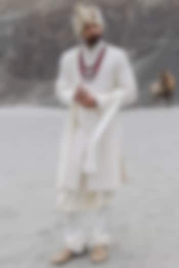 Ivory Poly Crepe Hand Embroidered Groom Sherwani Set by AMIT ARORA at Pernia's Pop Up Shop