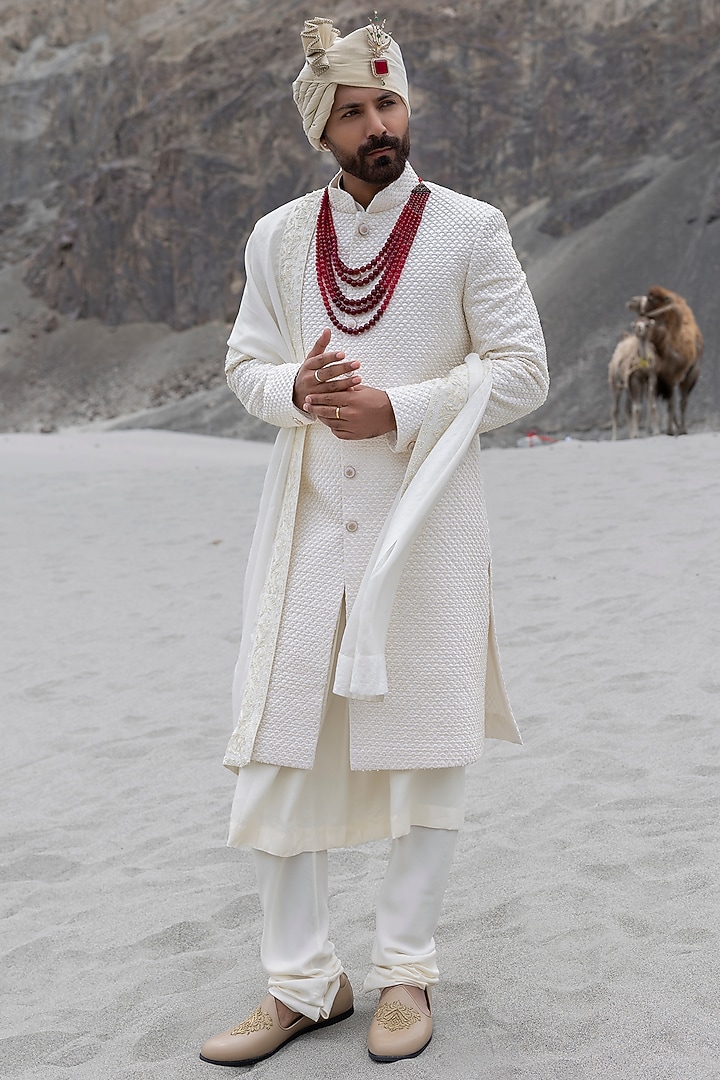 Ivory Poly Crepe Hand Embroidered Groom Sherwani Set by AMIT ARORA at Pernia's Pop Up Shop