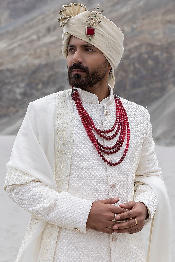 Ivory Poly Crepe Hand Embroidered Groom Sherwani Set by AMIT ARORA at Pernia's Pop Up Shop