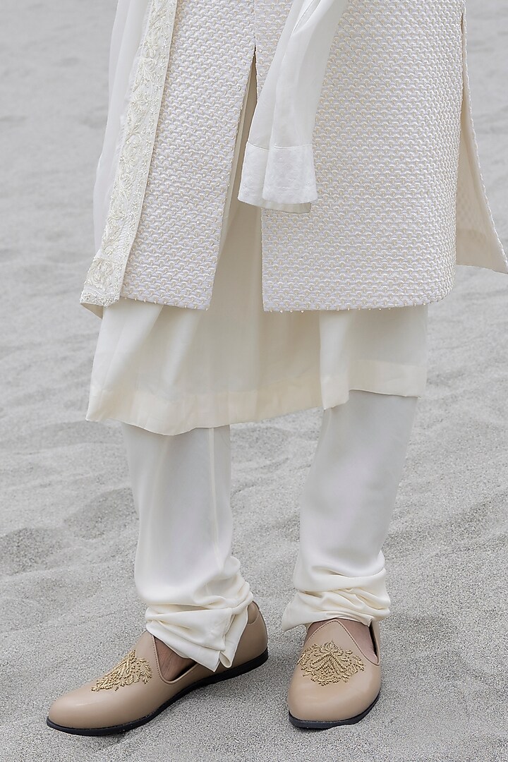 Ivory Poly Crepe Hand Embroidered Groom Sherwani Set by AMIT ARORA at Pernia's Pop Up Shop