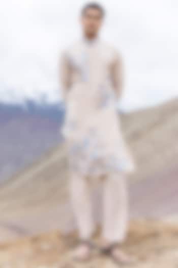 Beige Poly Silk Machine Embroidered Kurta Set by AMIT ARORA