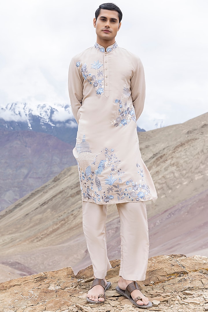 Beige Poly Silk Machine Embroidered Kurta Set by AMIT ARORA