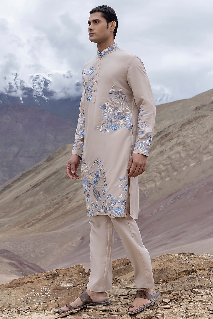 Beige Poly Silk Machine Embroidered Kurta Set by AMIT ARORA at Pernia's Pop Up Shop