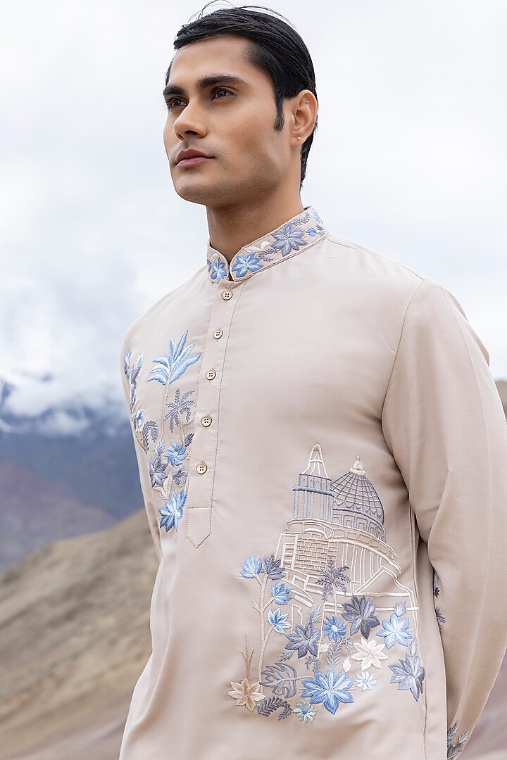 Beige Poly Silk Machine Embroidered Kurta Set by AMIT ARORA at Pernia's Pop Up Shop