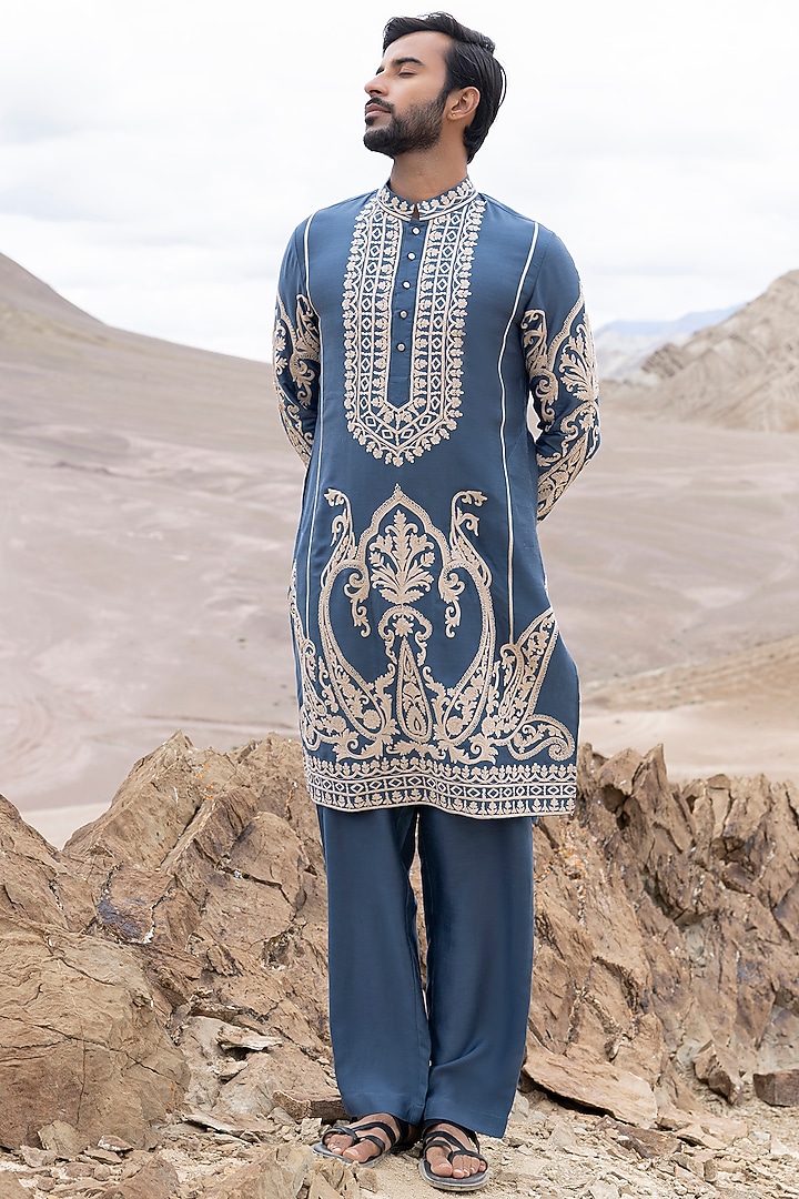 Medium Blue Linen Bamboo Silk Dori Embroidered Kurta Set by AMIT ARORA at Pernia's Pop Up Shop