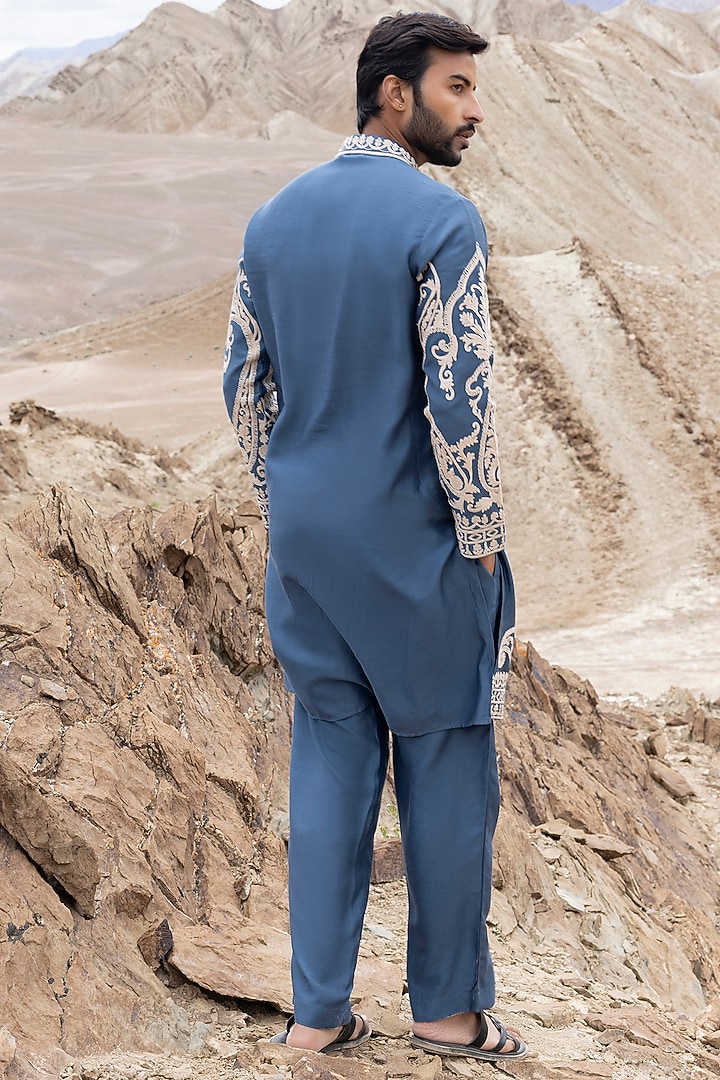 Medium Blue Linen Bamboo Silk Dori Embroidered Kurta Set by AMIT ARORA at Pernia's Pop Up Shop