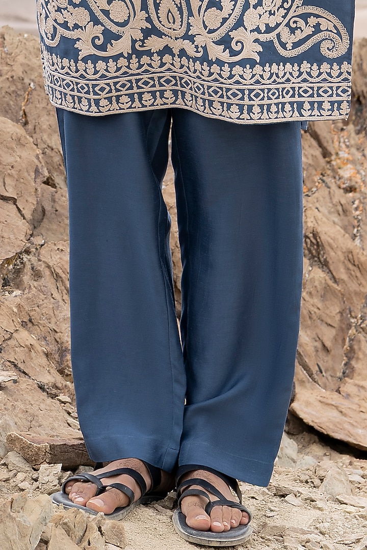 Medium Blue Linen Bamboo Silk Dori Embroidered Kurta Set by AMIT ARORA at Pernia's Pop Up Shop