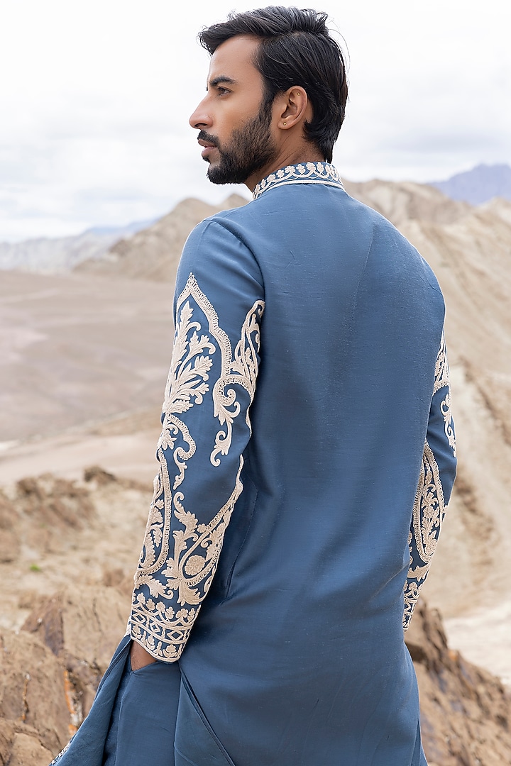 Medium Blue Linen Bamboo Silk Dori Embroidered Kurta Set by AMIT ARORA at Pernia's Pop Up Shop