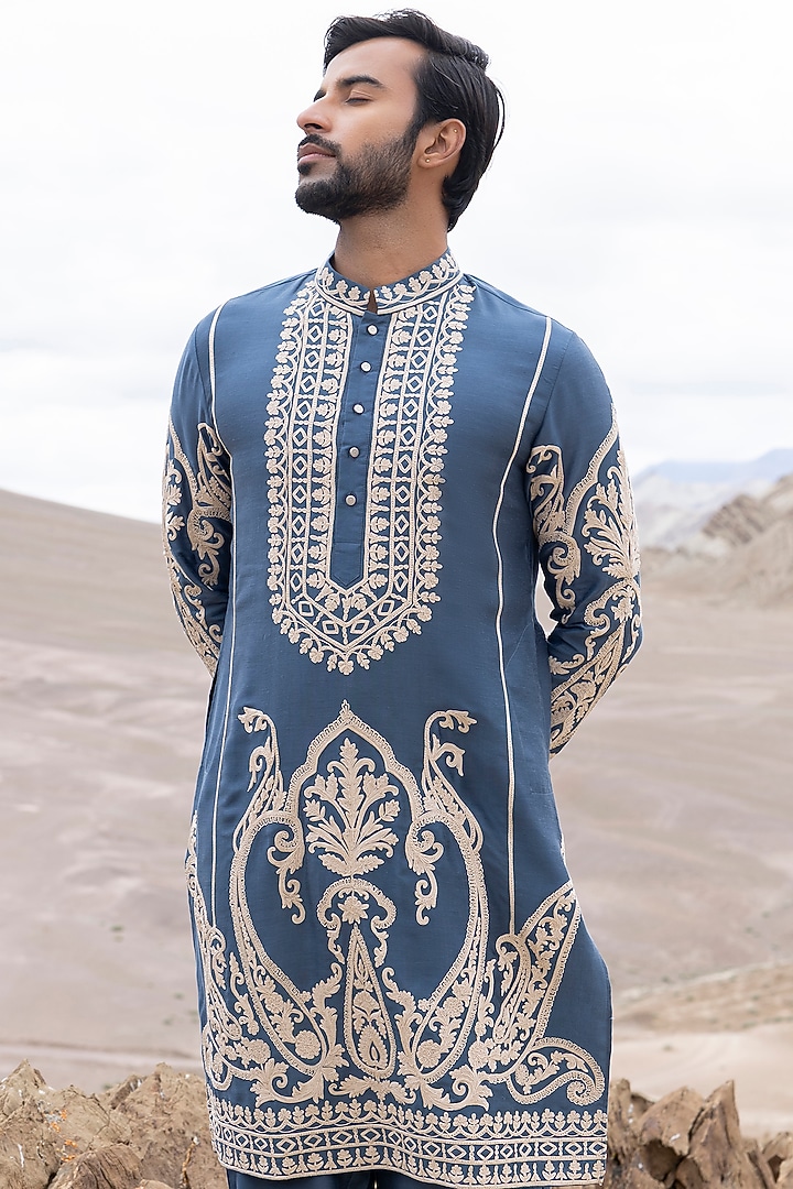 Medium Blue Linen Bamboo Silk Dori Embroidered Kurta Set by AMIT ARORA at Pernia's Pop Up Shop