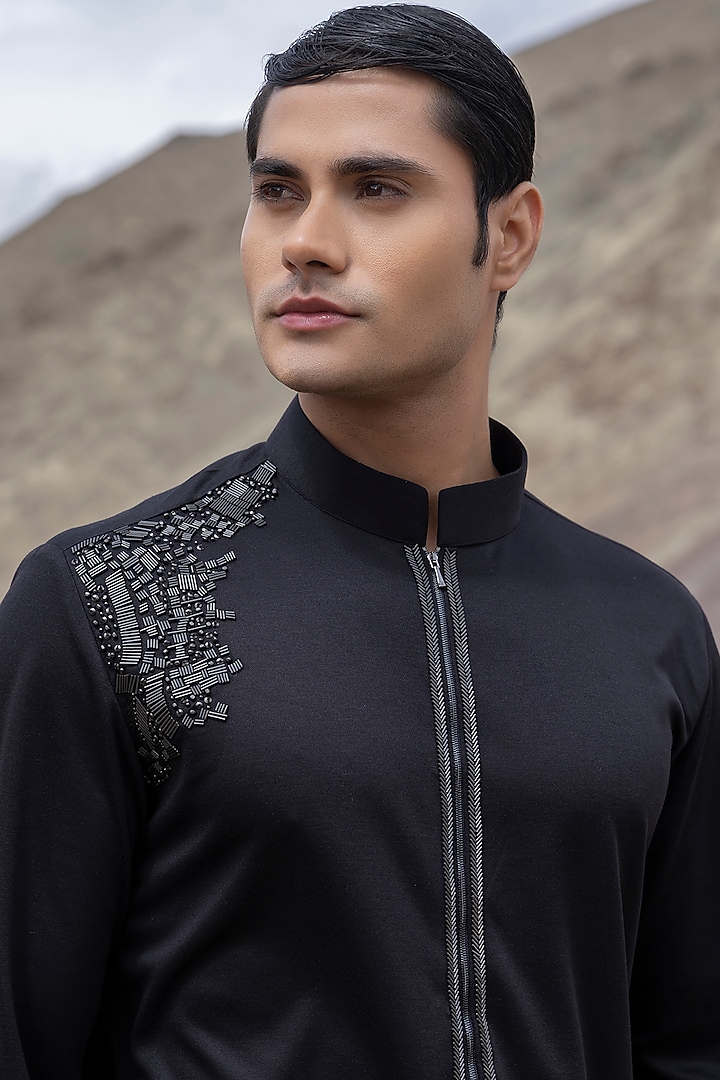 Black Knit Embellished Kurta Set by AMIT ARORA at Pernia's Pop Up Shop