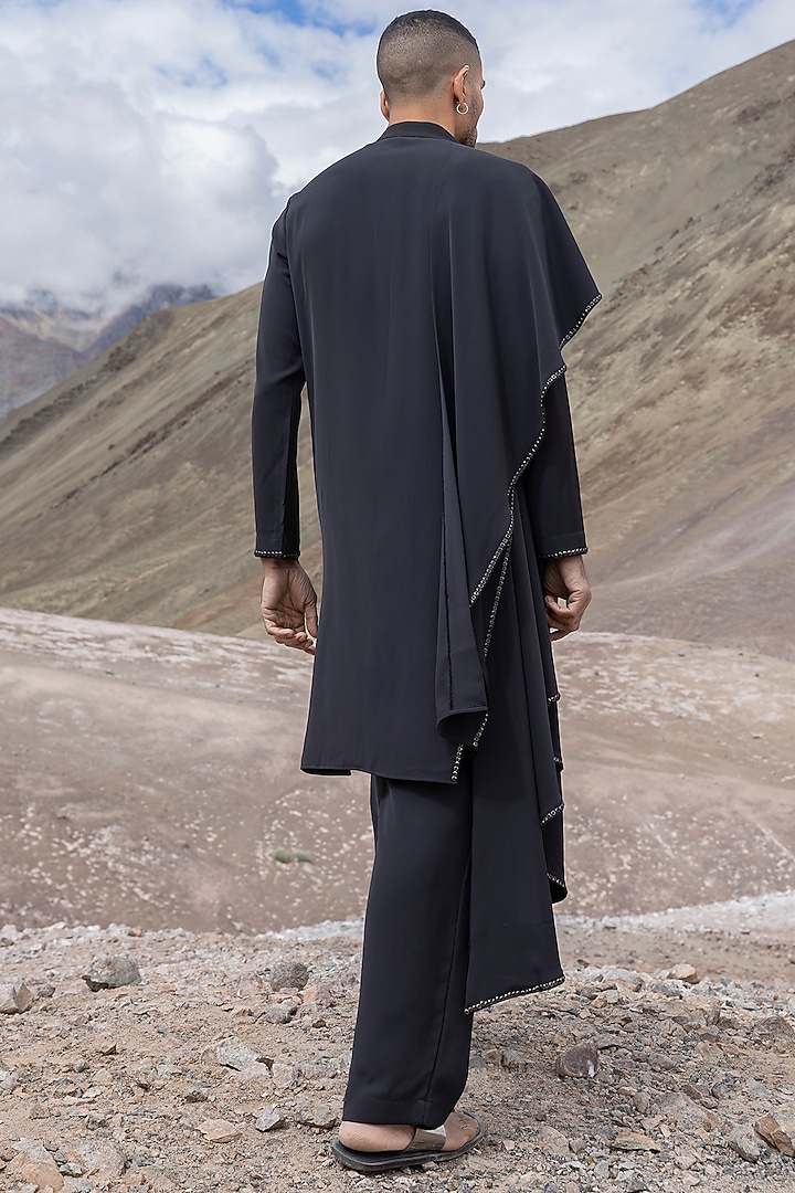 Black Knit Asymmetrical Kurta Set by AMIT ARORA at Pernia's Pop Up Shop