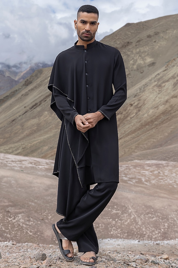 Black Knit Asymmetrical Kurta Set by AMIT ARORA at Pernia's Pop Up Shop