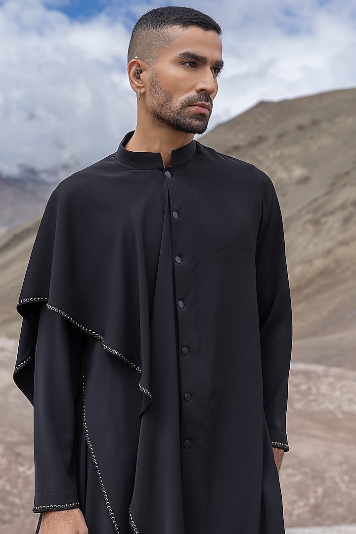Black Knit Asymmetrical Kurta Set by AMIT ARORA at Pernia's Pop Up Shop