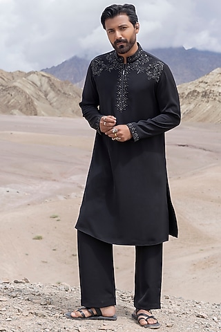Black Knit Embellished Kurta Set by AMIT ARORA