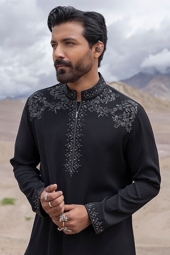 Black Knit Embellished Kurta Set by AMIT ARORA at Pernia's Pop Up Shop