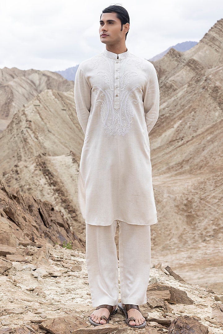 Beige Linen Bamboo Silk Aari Embroidered Kurta Set by AMIT ARORA