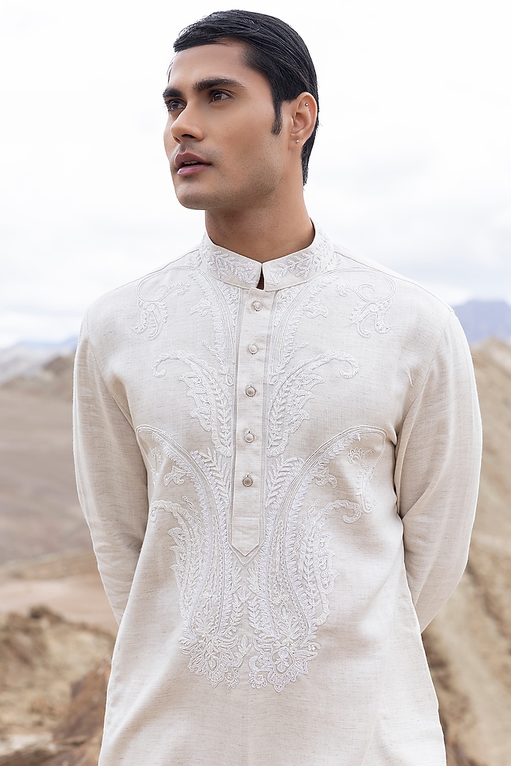 Beige Linen Bamboo Silk Aari Embroidered Kurta Set by AMIT ARORA at Pernia's Pop Up Shop