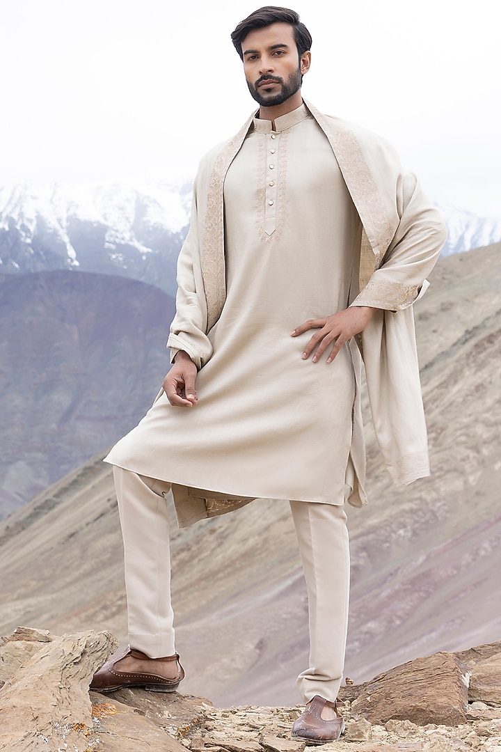 Beige Bamboo Linen Silk Aari Embroidered Kurta Set by AMIT ARORA