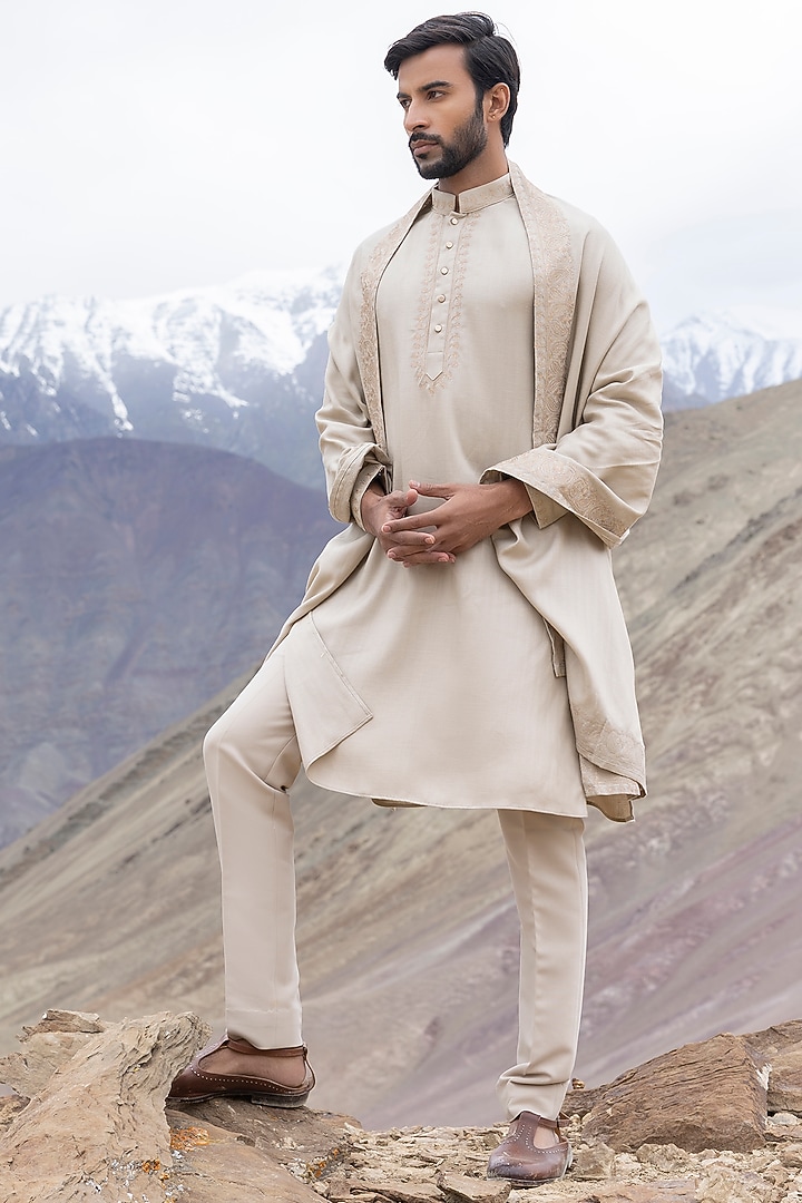 Beige Bamboo Linen Silk Aari Embroidered Kurta Set by AMIT ARORA at Pernia's Pop Up Shop