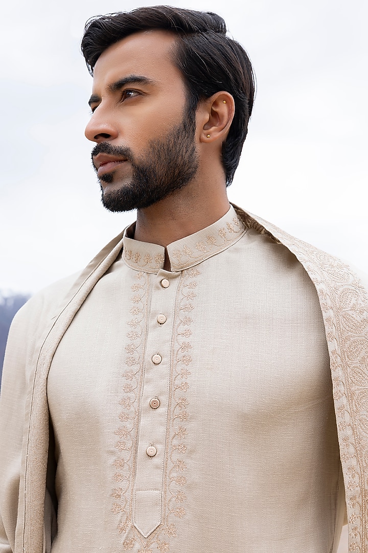 Beige Bamboo Linen Silk Aari Embroidered Kurta Set by AMIT ARORA at Pernia's Pop Up Shop