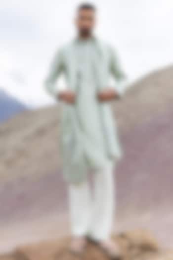 Mint Green Bamboo Linen Silk Aari Embroidered Kurta Set by AMIT ARORA