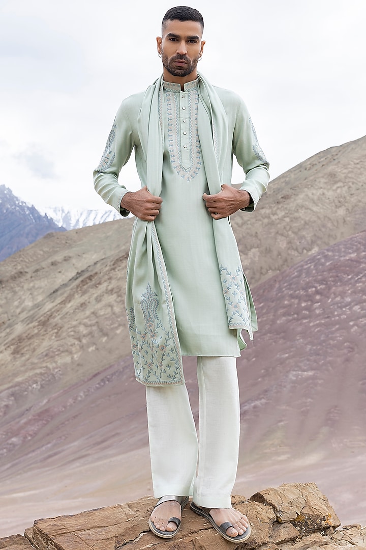Mint Green Bamboo Linen Silk Aari Embroidered Kurta Set by AMIT ARORA