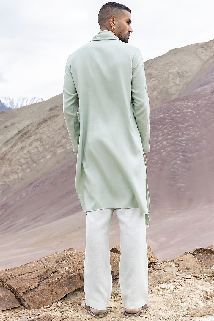 Mint Green Bamboo Linen Silk Aari Embroidered Kurta Set by AMIT ARORA at Pernia's Pop Up Shop