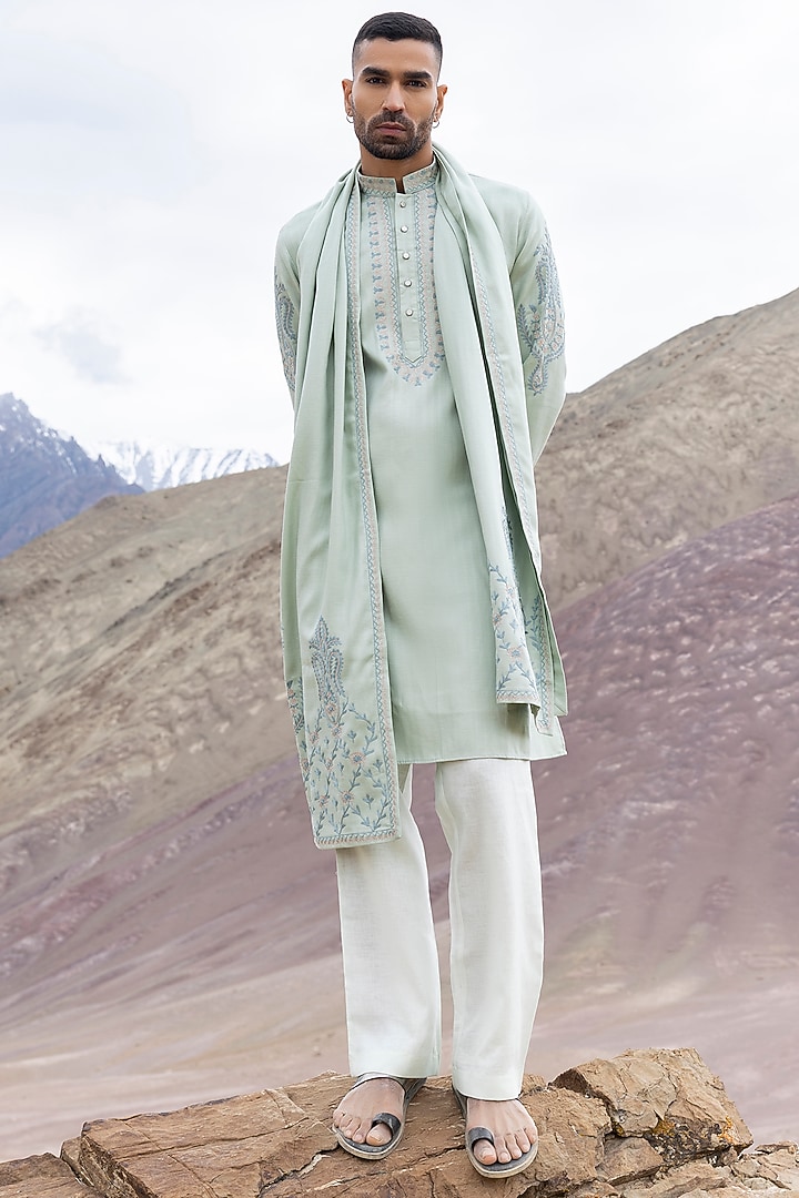 Mint Green Bamboo Linen Silk Aari Embroidered Kurta Set by AMIT ARORA at Pernia's Pop Up Shop