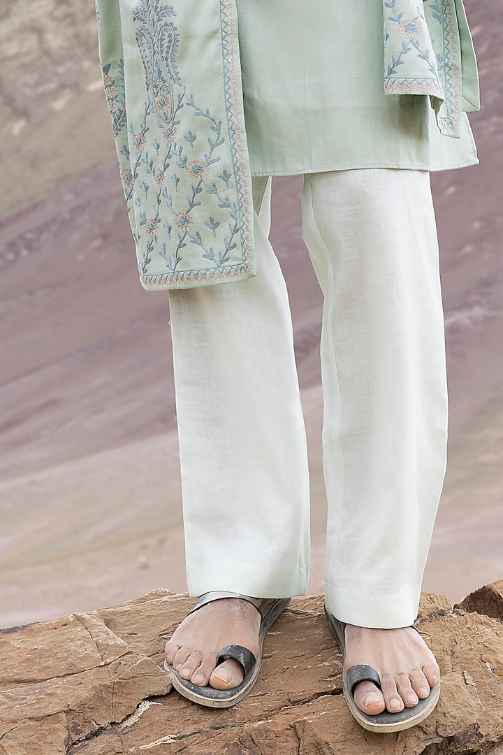 Mint Green Bamboo Linen Silk Aari Embroidered Kurta Set by AMIT ARORA at Pernia's Pop Up Shop