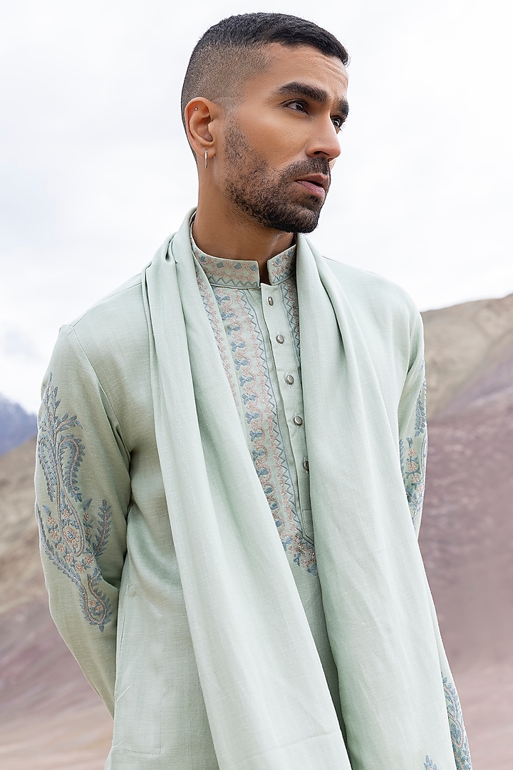 Mint Green Bamboo Linen Silk Aari Embroidered Kurta Set by AMIT ARORA at Pernia's Pop Up Shop