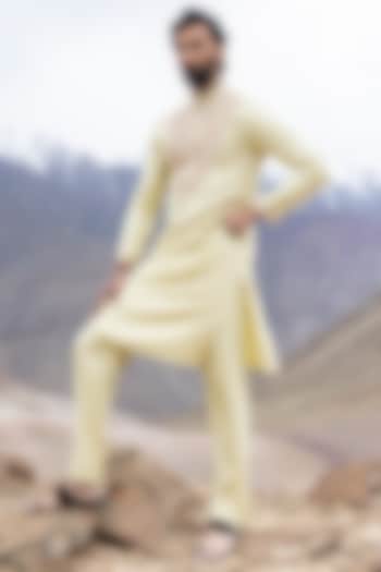 Lime Bamboo Linen Silk Aari Embroidered Kurta Set by AMIT ARORA