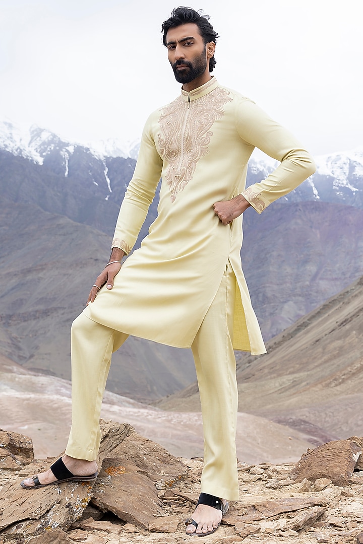 Lime Bamboo Linen Silk Aari Embroidered Kurta Set by AMIT ARORA