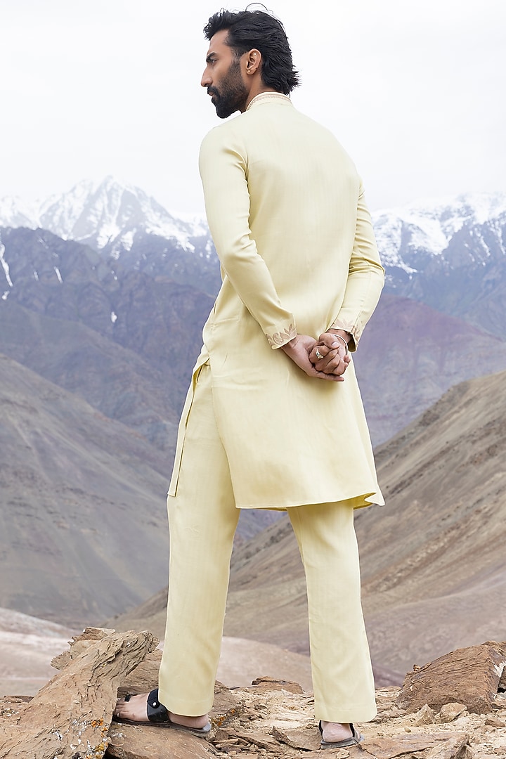 Lime Bamboo Linen Silk Aari Embroidered Kurta Set by AMIT ARORA at Pernia's Pop Up Shop