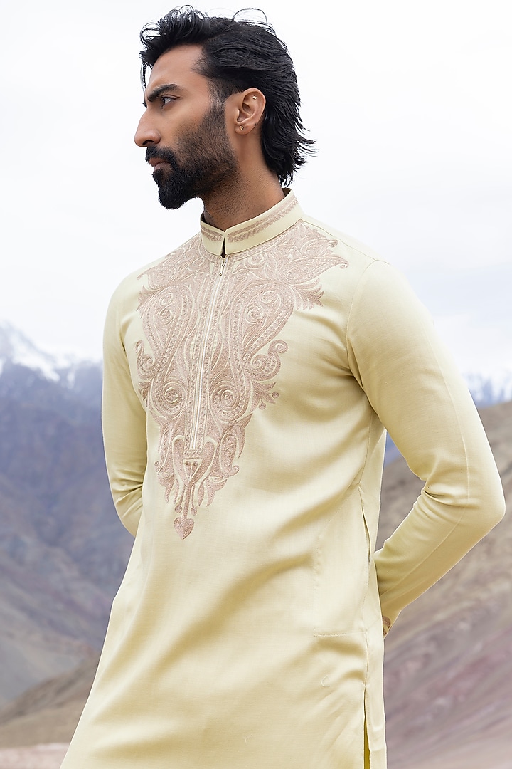 Lime Bamboo Linen Silk Aari Embroidered Kurta Set by AMIT ARORA at Pernia's Pop Up Shop