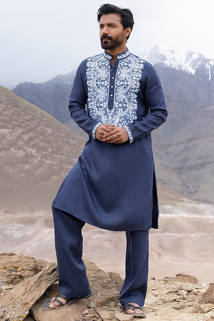 Blue Bamboo Linen Silk Aari Embroidered Kurta Set by AMIT ARORA