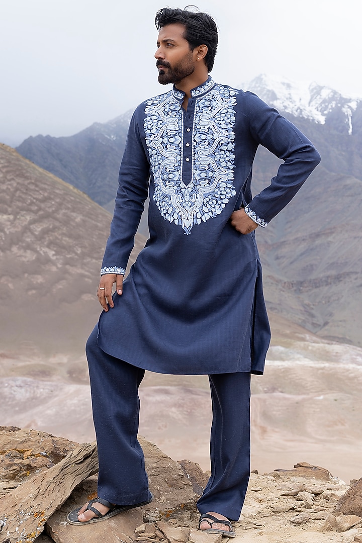 Blue Bamboo Linen Silk Aari Embroidered Kurta Set by AMIT ARORA at Pernia's Pop Up Shop