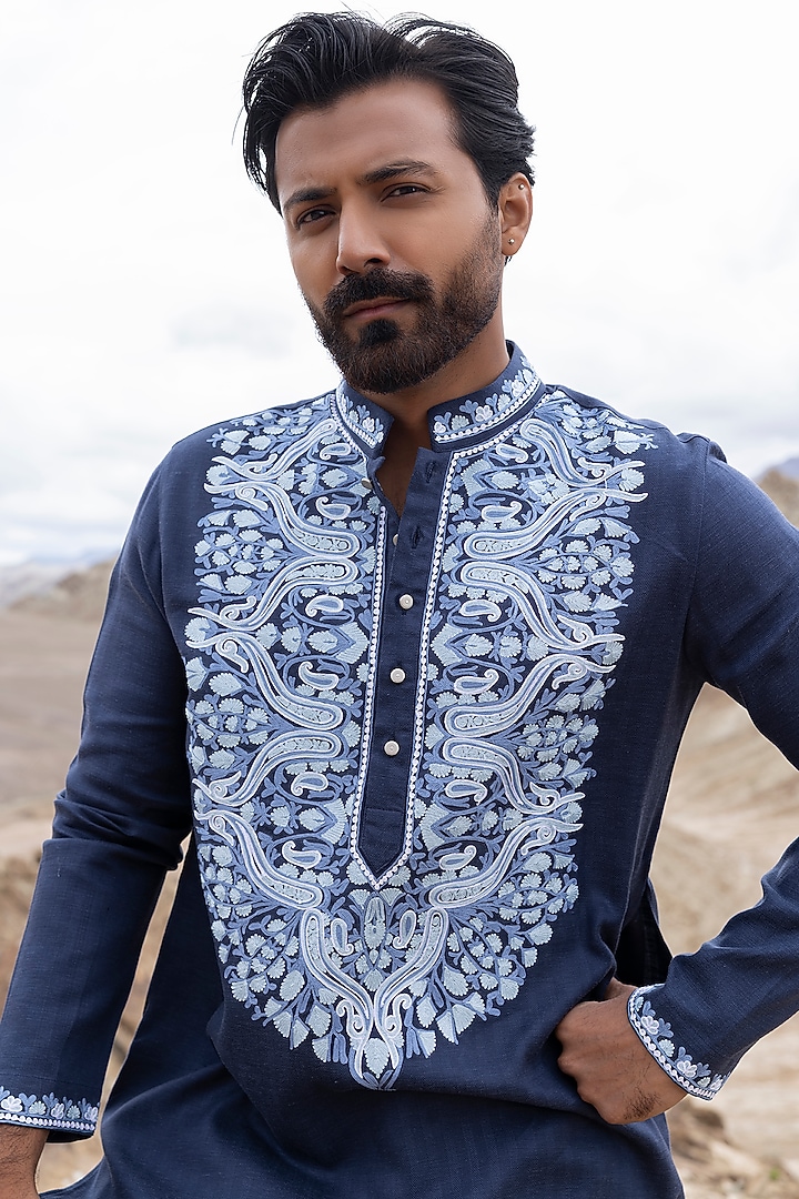 Blue Bamboo Linen Silk Aari Embroidered Kurta Set by AMIT ARORA at Pernia's Pop Up Shop