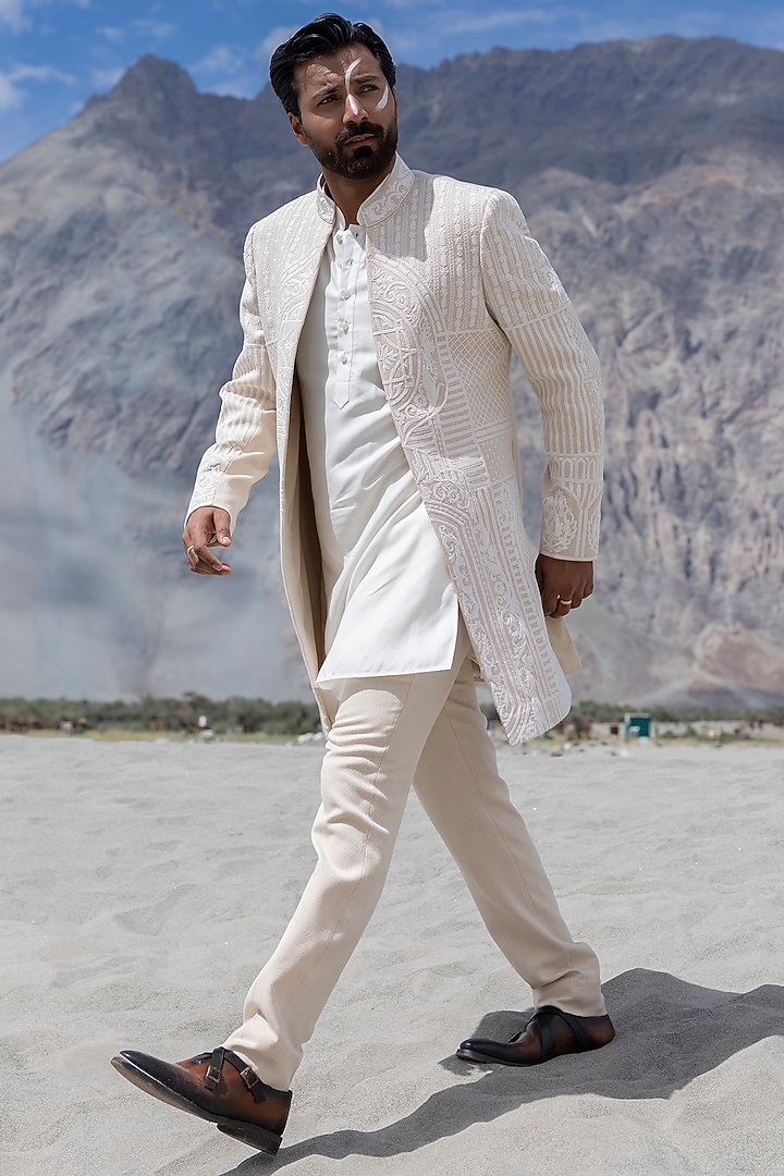 Beige Textured Rayon Hand Embroidered Wedding Indowestern Set by AMIT ARORA at Pernia's Pop Up Shop