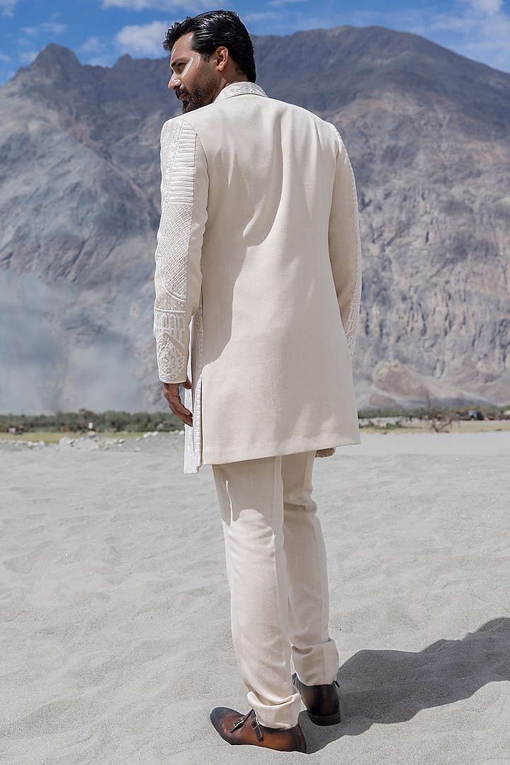 Beige Textured Rayon Hand Embroidered Wedding Indowestern Set by AMIT ARORA at Pernia's Pop Up Shop