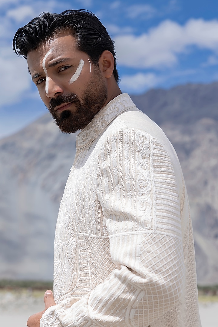Beige Textured Rayon Hand Embroidered Wedding Indowestern Set by AMIT ARORA at Pernia's Pop Up Shop