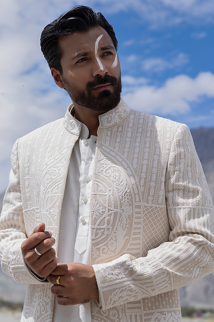 Beige Textured Rayon Hand Embroidered Wedding Indowestern Set by AMIT ARORA at Pernia's Pop Up Shop