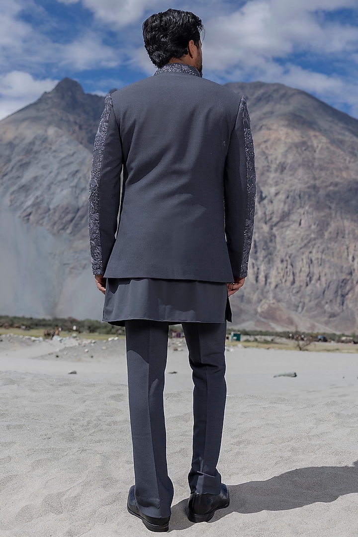 Grey Poly Twill Hand Embroidered Groom Indowestern Set by AMIT ARORA at Pernia's Pop Up Shop