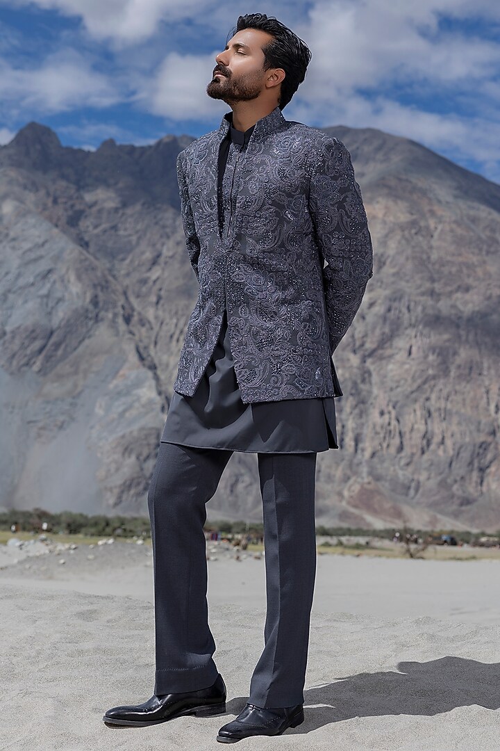 Grey Poly Twill Hand Embroidered Groom Indowestern Set by AMIT ARORA at Pernia's Pop Up Shop