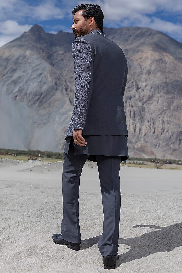 Grey Poly Twill Hand Embroidered Groom Indowestern Set by AMIT ARORA at Pernia's Pop Up Shop
