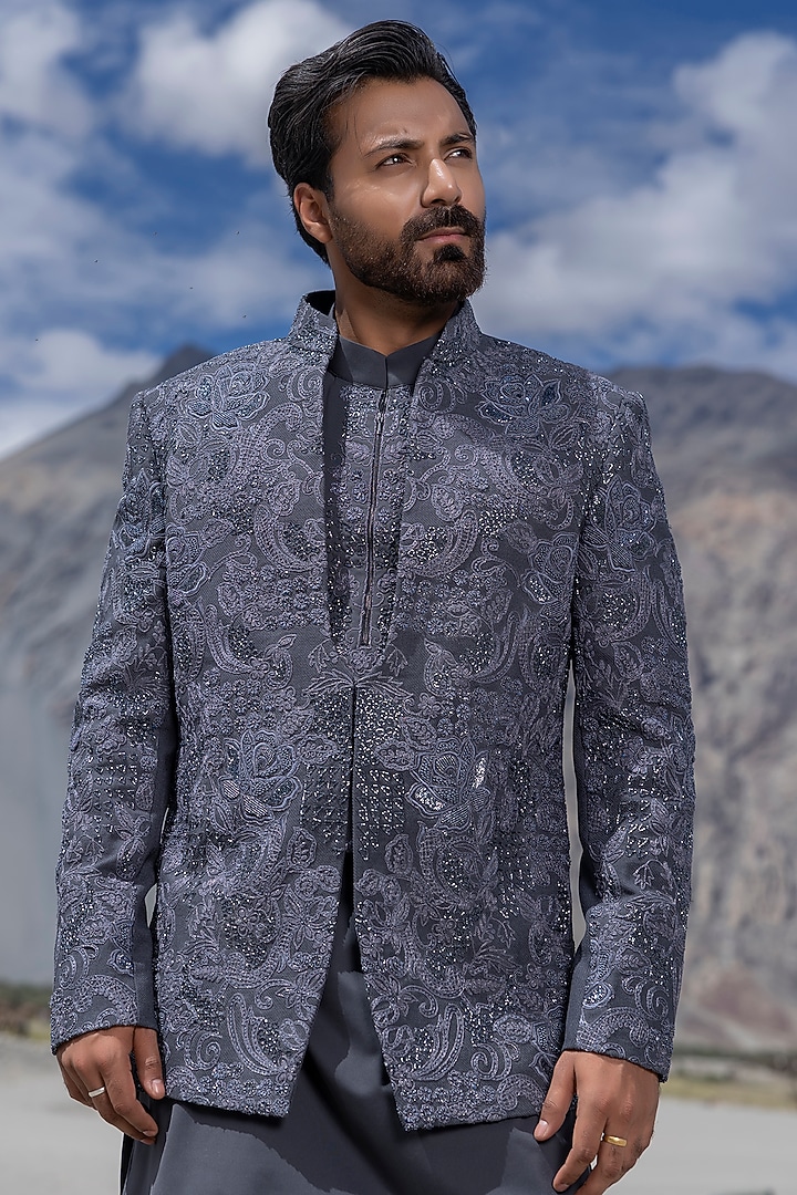 Grey Poly Twill Hand Embroidered Groom Indowestern Set by AMIT ARORA at Pernia's Pop Up Shop