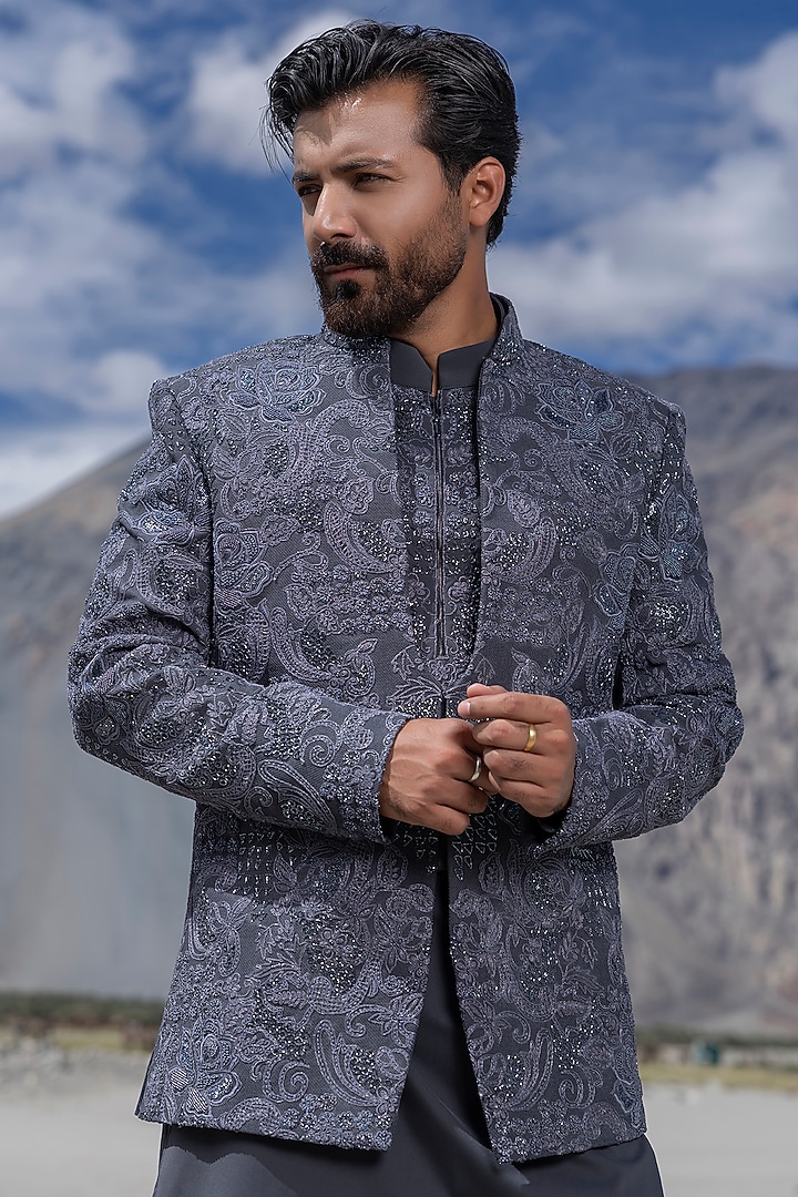Grey Poly Twill Hand Embroidered Groom Indowestern Set by AMIT ARORA at Pernia's Pop Up Shop