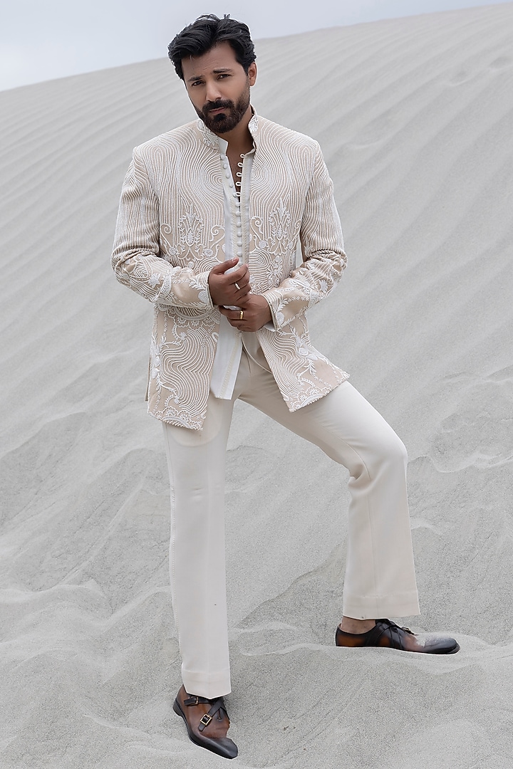 Beige Tissue Silk Hand Embroidered Short Wedding Indowestern Set by AMIT ARORA at Pernia's Pop Up Shop