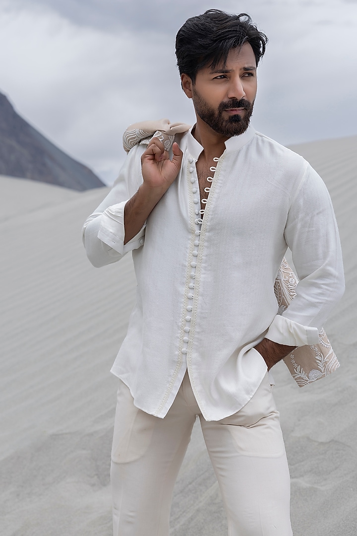 Beige Tissue Silk Hand Embroidered Short Wedding Indowestern Set by AMIT ARORA at Pernia's Pop Up Shop